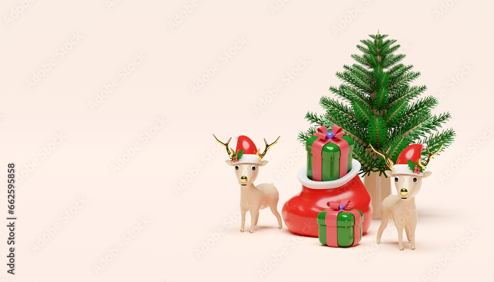 Naklejka premium 3d reindeer with pine tree, gift box, hat, bag. merry christmas and happy new year, 3d render illustration