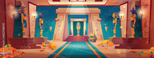 Print op canvas Egyptian palace interior with sarcophagus and piles of gold on floor