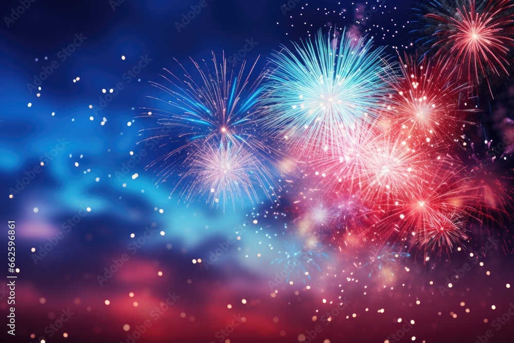 Bright festive fireworks at night. Celebrating New Year, Independence Day, birthday. Beautiful fireworks lights in the sky Bright festive fireworks at night. Celebrating New Year, Independence Day, birthday. Beautiful fireworks lights in the sky