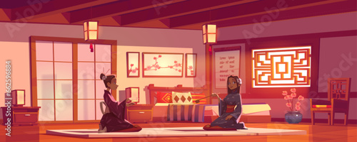 Traditional Chinese tea ceremony. Two young women in kimonos sit on floor in bedroom with Asian decor. Cartoon vector of home interior with bed and door, wooden furniture and sakura decoration.
