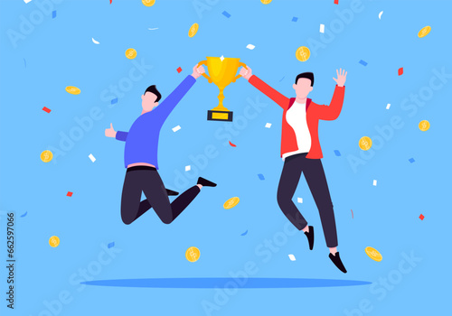 Employee recognition or proud workers of the month business concept flat style design vector illustration. Young adult people jump in the air with trophy cup.