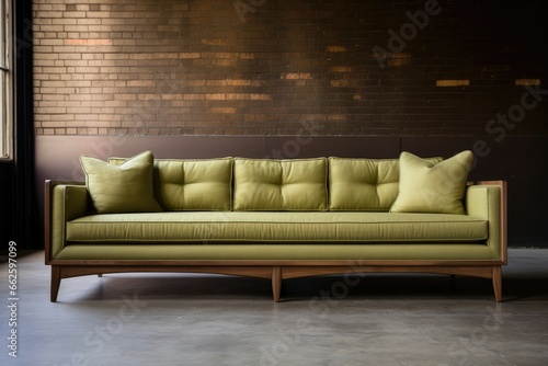 sleek, mid-century modern sofa marries walnut wood and earthy olive upholstery. photo