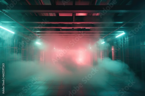Smoke drifts through the grid-like ceiling, cloaking secrets in obscurity.