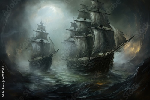 Cursed ghost ships, forever sailing the seas with ghostly crews seeking redemption - Generative AI
