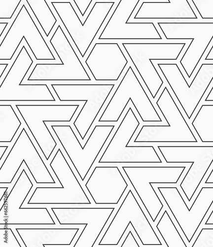 Vector seamless pattern. Geometric linear pattern. Mosaics motif. Polygonal trellis on the base of triangular grid. Abstract seamless black and white vector background.