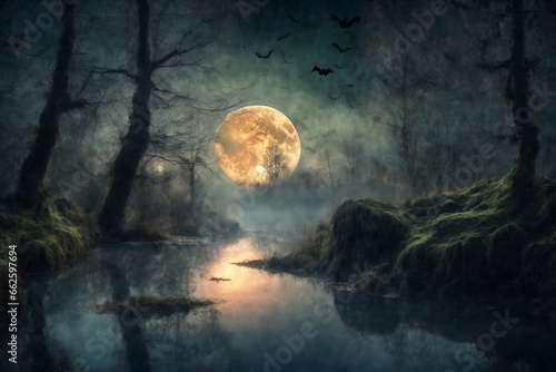 mystical forest on Halloween night, a big full moon in the dark sky reflected in river, roots, atmospheric and fairytale