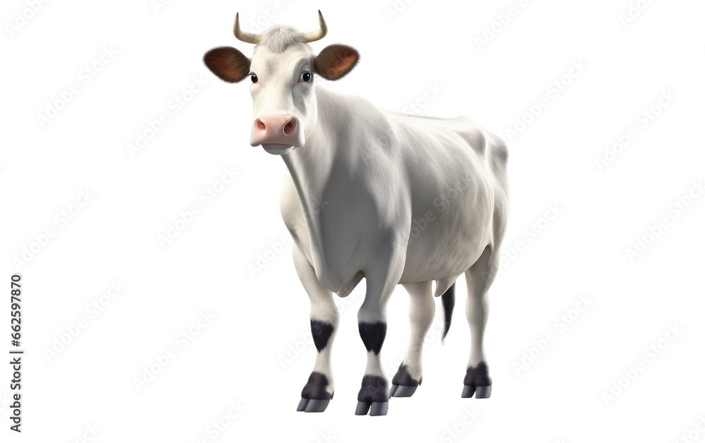 Standing Beautiful White Cow 3D Cartoon Style Isolated on Transparent Background PNG.