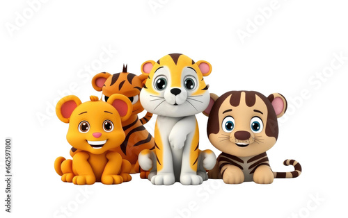 Standing Tiger and Multiple Animals 3D Cartoon Isolated on Transparent Background PNG.
