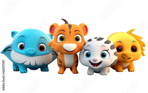 Colorful Multiple Animals 3D Cartoon Style Isolated on Transparent Background PNG.