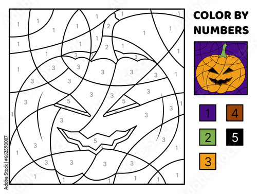 Pumpkin jack o lantern. Color by number. Halloween. Coloring page. Game for kids. Cartoon, vector