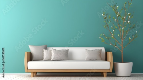 a white couch is placed against a teal wall, in the style of nature inspired, light brown and teal, tranquil gardenscapes, minimalist backgrounds