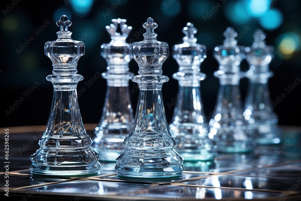 glass chess pieces on a chessboard glass chess pieces on a chessboard