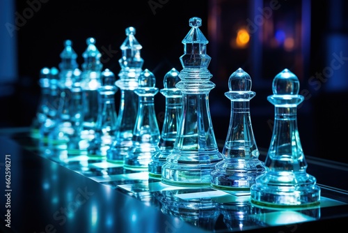 glass chess pieces on a chessboard