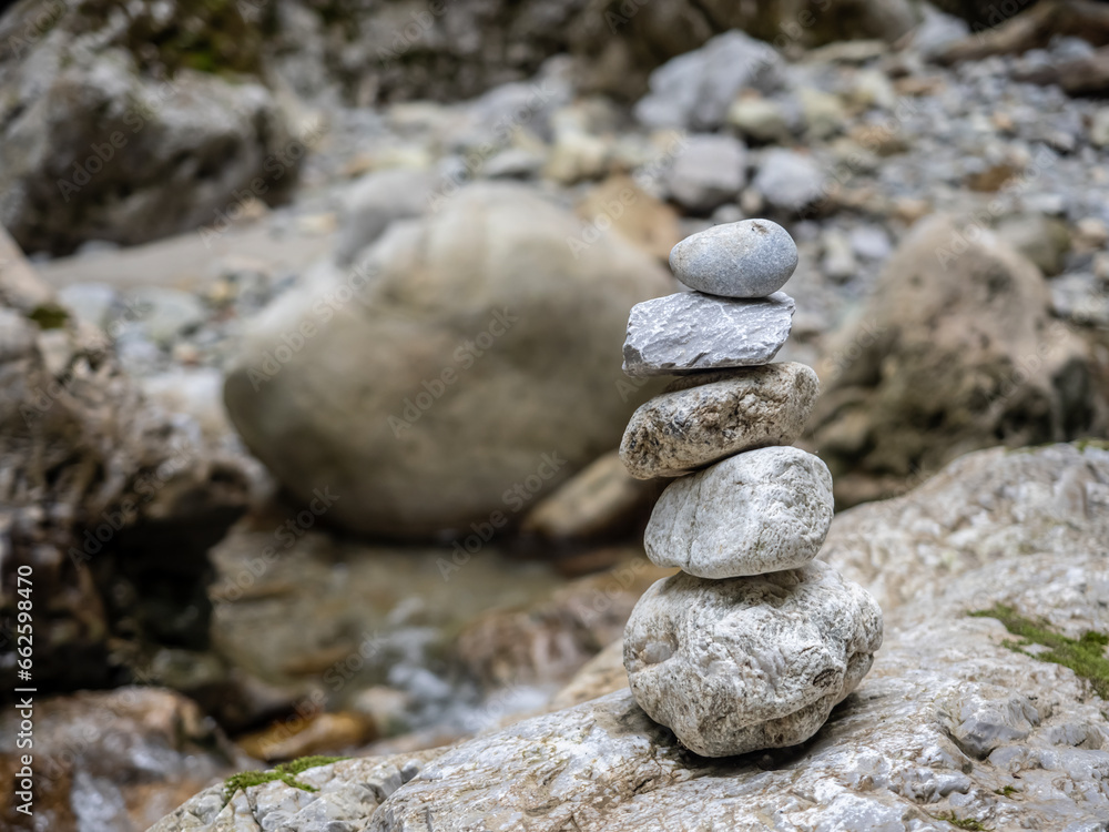 Stacked zen stones in Cheile Oltetului gorge Stacked zen stones in Cheile Oltetului gorge