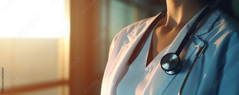 Close up photo of young female Doctor With Stethoscope In Hospital. Wide photography.