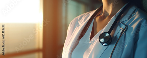 Obraz na płótnie Close up photo of young female Doctor With Stethoscope In Hospital. Wide photography. w salonie