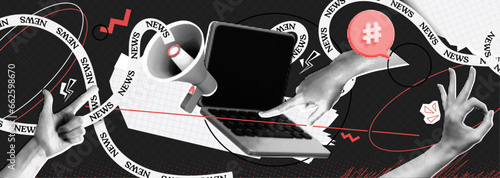 Trendy retro Halftone Collage with Megaphone, Laptop and Hand. Social media news and propaganda. Pop art design loudspeaker. Promotion banner with ripped paper. Conceptual composition