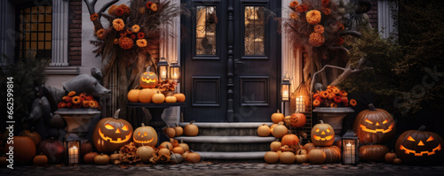 Halloween pumpkins decoration in front of the door.