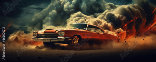 Vintage beautiful car in movement with amazing background