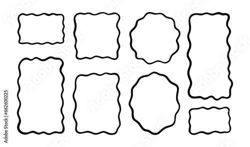Doodle wave curve edge frame. Hand drawn wavy rectangle borders. Doodle brush drawn square and circle picture frame. Vector illustration isolated on white background.