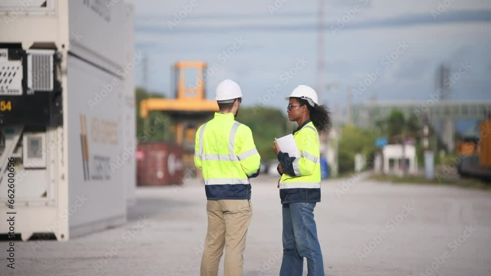 Engineers railway team wearing safety uniform under conversation document on hand inspection survey container boxes railway work station is industry transportation cargo import export concept. Engineers railway team wearing safety uniform under conversation document on hand inspection survey container boxes railway work station is industry transportation cargo import export concept.