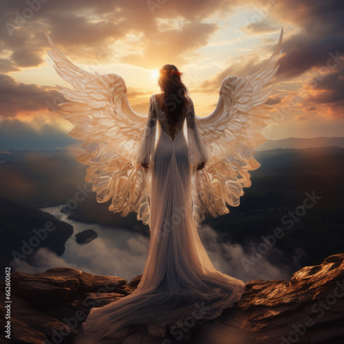 Girl angel with beautiful wings. She flies into the sky. Mountains in the background.
