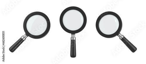 Set of black magnifying glass. Transparent loupe search icon for finding, reading, research, analysis or discovery concept. 3d rendering photo