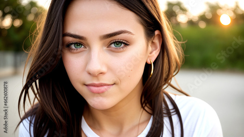 Portrait woman in white t-shirt with green eyes, slight smile, closeup, sunrise
