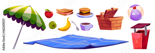 Food and equipment for picnic in park and open-air holidays. Cartoon vector illustration of fast meals ready to eat - sandwiches and fruits, wicker basket and inflatable ball, beach umbrella and rug.