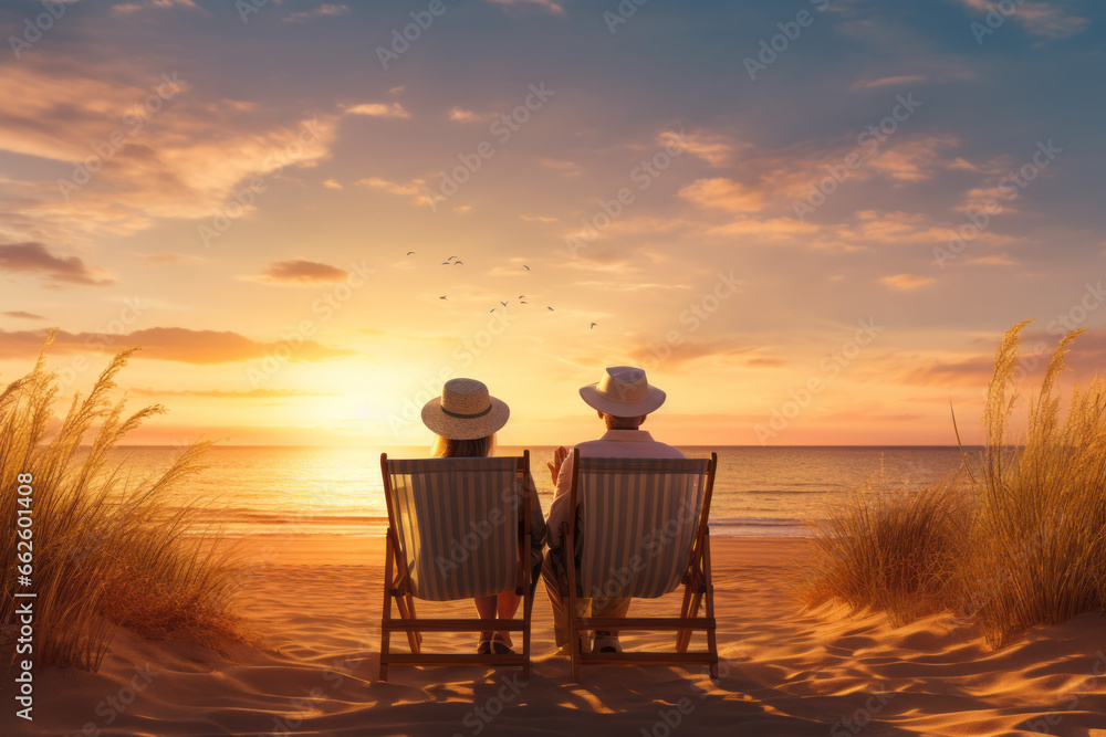 Obraz premium Plan life insurance of happy retirement concepts. Senior couple walking on the beach holding hands at beach sunrise in evening.