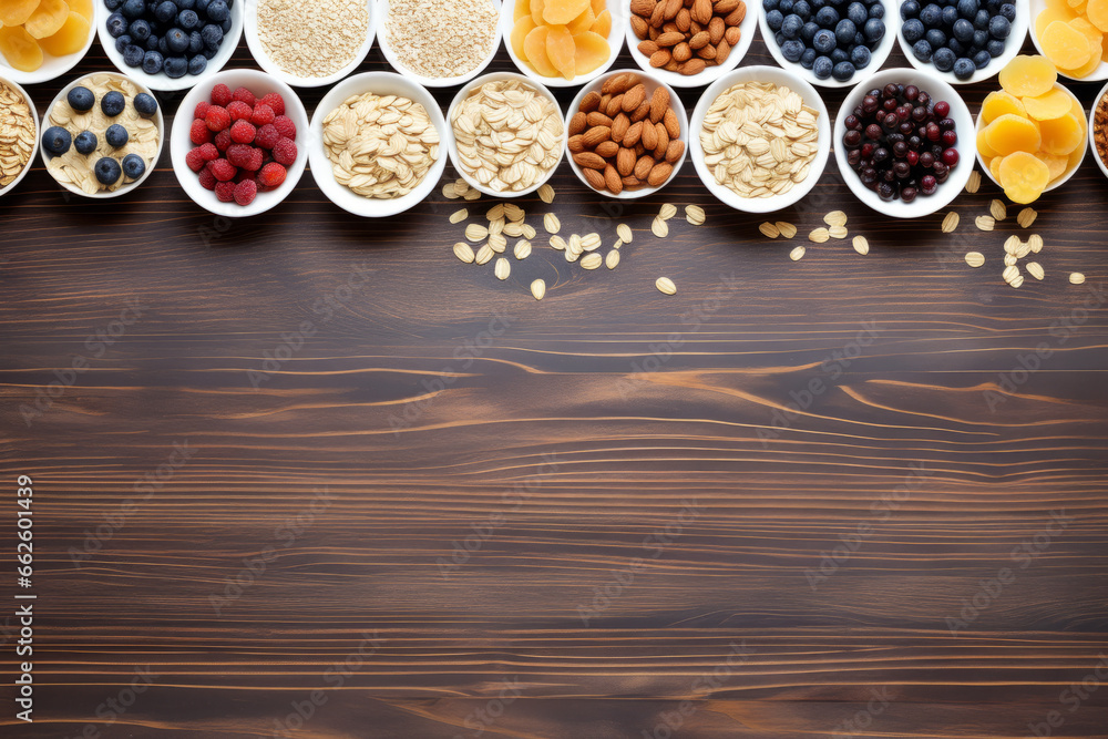 Healthy breakfast bowl with ingredients granola fruits Greek yogurt and berries top view. Weight loss, healthy lifestyle and eating concept Healthy breakfast bowl with ingredients granola fruits Greek yogurt and berries top view. Weight loss, healthy lifestyle and eating concept