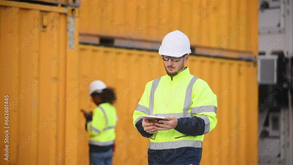 Engineers railway team wearing safety uniform under conversation document on hand inspection survey container boxes railway work station is industry transportation cargo import export concept. Engineers railway team wearing safety uniform under conversation document on hand inspection survey container boxes railway work station is industry transportation cargo import export concept.