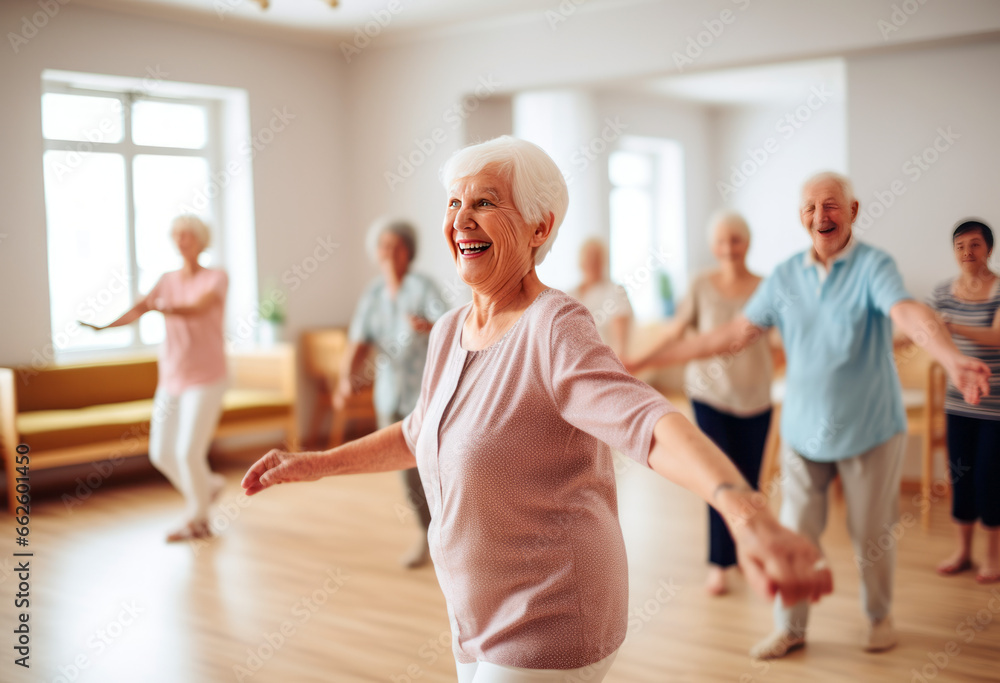 Group of smiling senior Asian people dancing while enjoying activities in retirement home, copy space Group of smiling senior Asian people dancing while enjoying activities in retirement home, copy space
