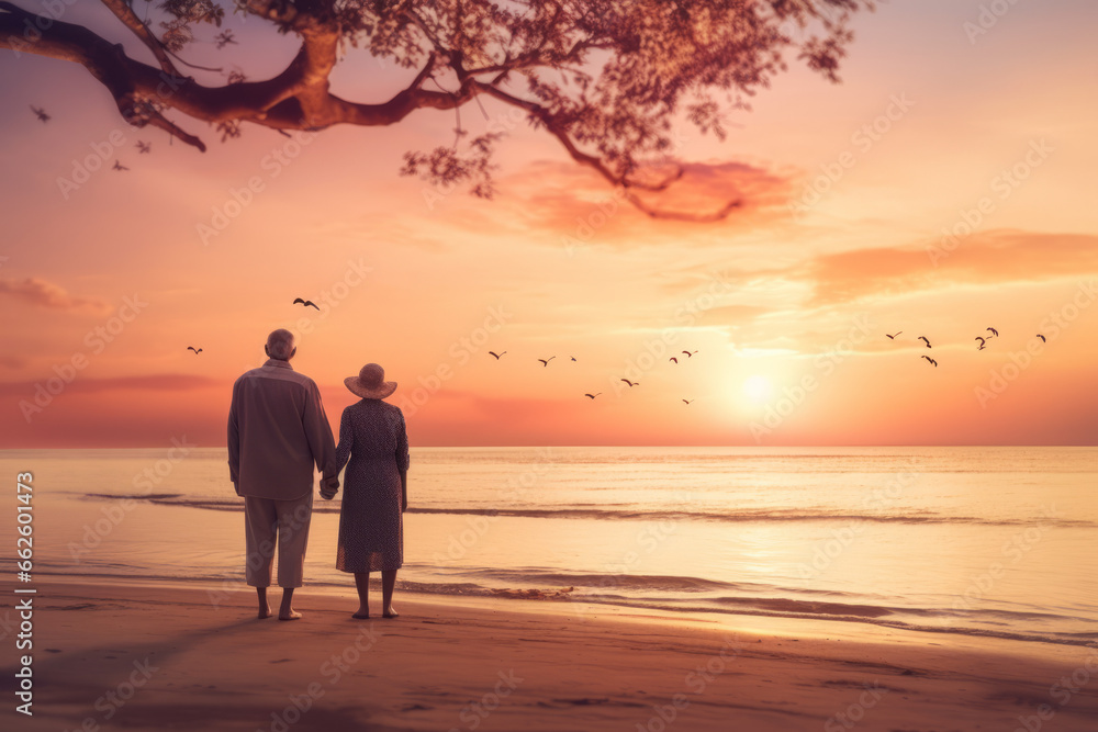 Happy Senior Old Retired Couple Walking Holding Hands on Beach at Sunset