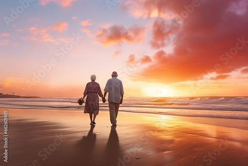 Happy Senior Old Retired Couple Walking Holding Hands on Beach at Sunset © GustavsMD