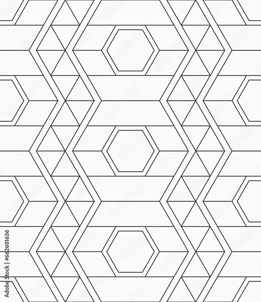 Vector seamless pattern. Geometric linear pattern. Mosaics motif. Polygonal trellis on the base of triangular grid. Hexagons and triangles pattern. Abstract seamless black and white vector background.