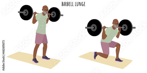 Senior man doing barbell lunge exercise