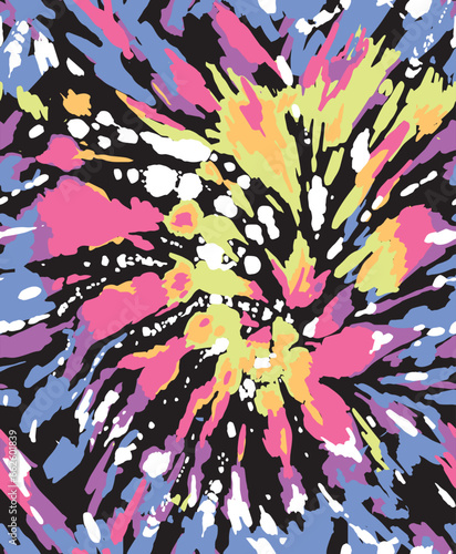Tie dyed spiral seamless pattern. Rainbow colors on black background. Vector illustration.