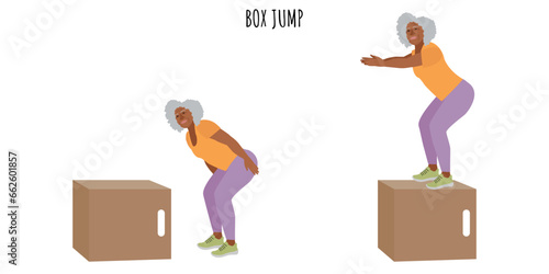 Senior woman doing box jump exercise photo