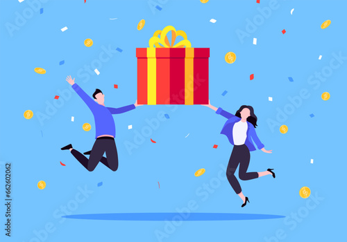 Earn loyalty program points, get online reward and gifts. Get loyalty card and customer service business concept flat design vector illustration. Tiny people won big gift box prize.