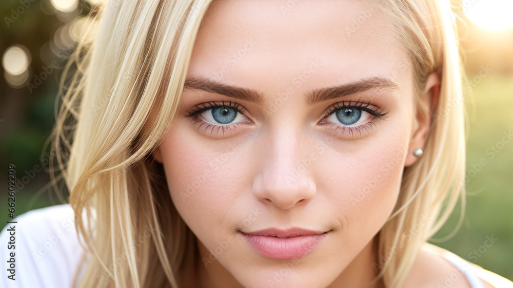 Fototapeta premium Portrait blond woman in white t-shirt with green eyes, slight smile, closeup, sunrise