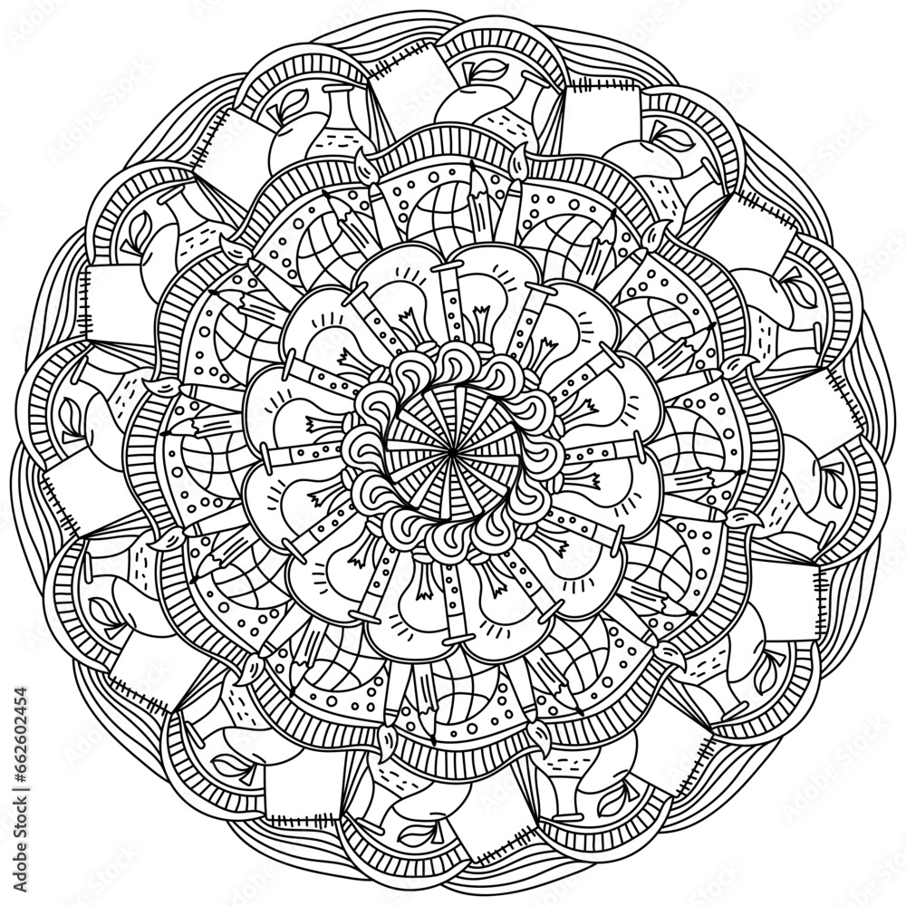 Fototapeta premium Ornate mandala on the theme of education and science, coloring page with doodle swirls and patterns