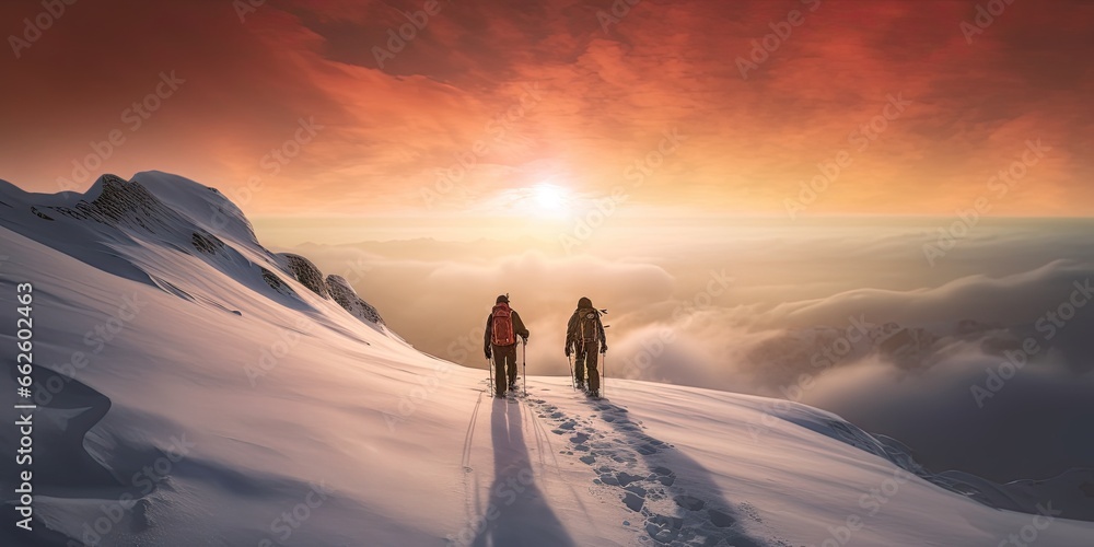 Winter wanderlust. Adventurous ascent. Scaling peaks. Thrilling snowy expedition. Hiking through winter wonderland. Mountaineer dream