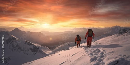 Winter wanderlust. Adventurous ascent. Scaling peaks. Thrilling snowy expedition. Hiking through winter wonderland. Mountaineer dream