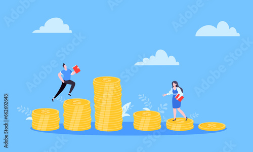 Salary and gender Inequality gap between women and men business concept flat style design vector illustration. Man and woman stand on its level of money incomes. Wealth and poor comparison.