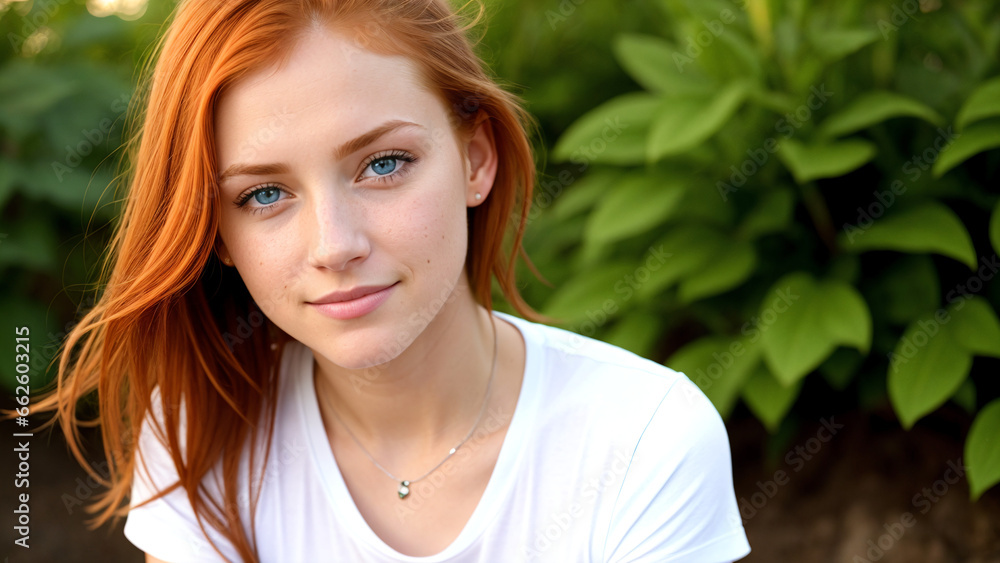 Portrait ginger woman in white t-shirt with green eyes, slight smile, closeup, sunrise Portrait ginger woman in white t-shirt with green eyes, slight smile, closeup, sunrise