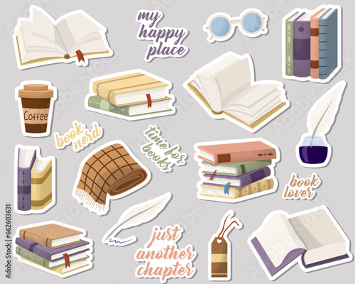a set of book stickers, open books and books stacked in stacks. Different attributes to read. Vector illustration
