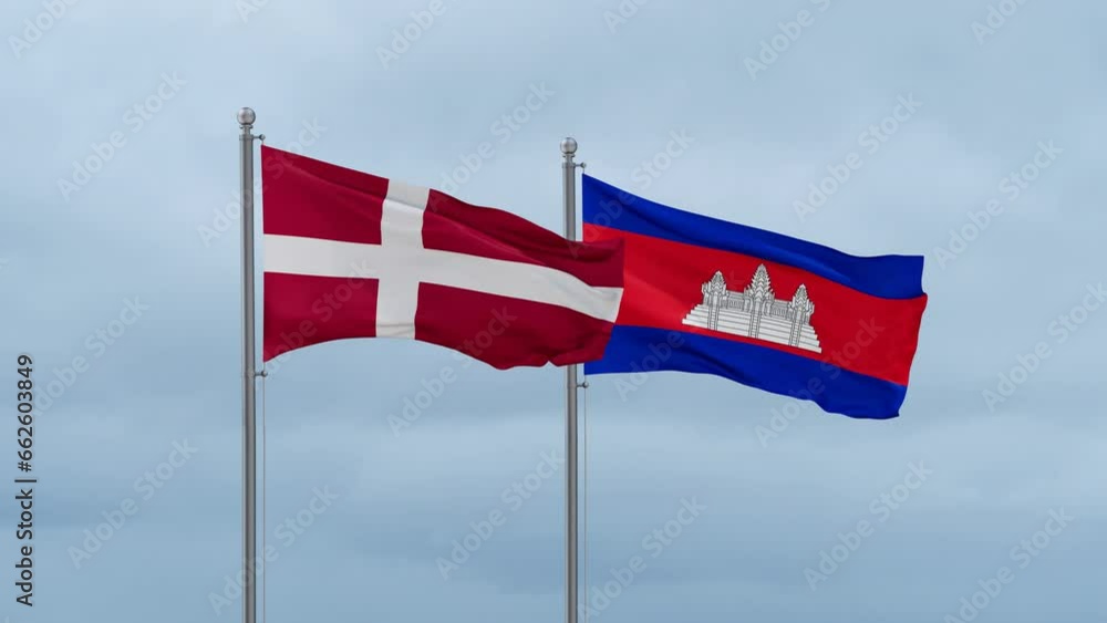 Cambodia flag and Denmark flag waving together on cloudy sky, endless seamless loop, two country relations concept Cambodia flag and Denmark flag waving together on cloudy sky, endless seamless loop, two country relations concept