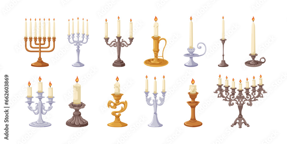 Candle light in vintage candlesticks, victorian classic holders designs set. Ancient metal candelabra, old traditional wax decorations. Flat graphic vector illustrations isolated on white background
