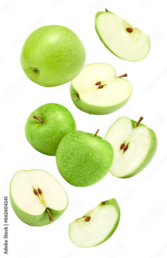 flying green apples isolated on white background. clipping path flying green apples isolated on white background. clipping path